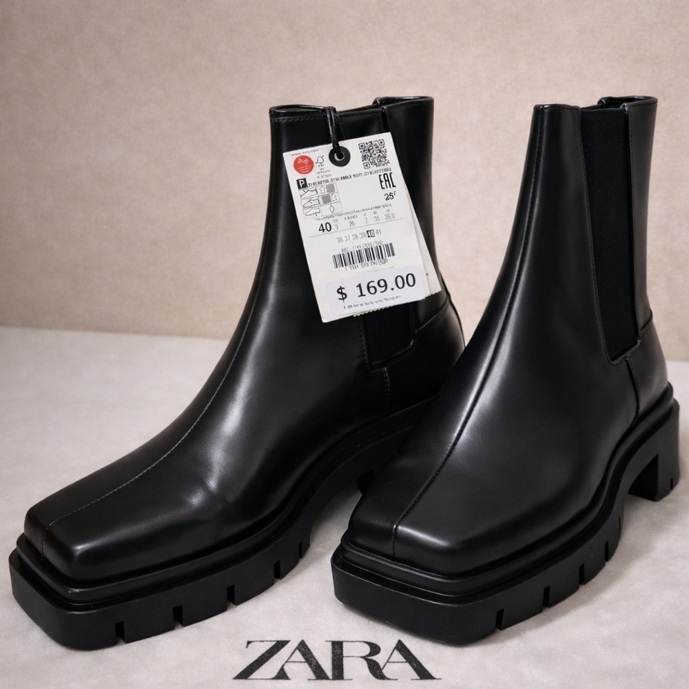 NWT Zara Women's Square Toe Chunky Black Leather Ankle Boots
